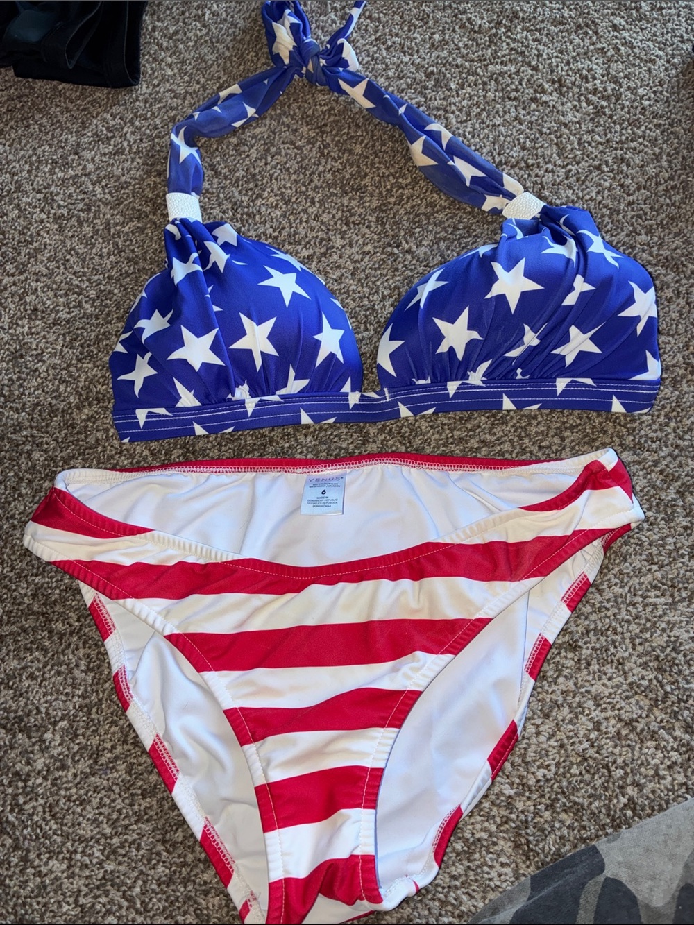 VENUS  Blue & White Star Halter Bikini Top with Red & White Striped Bottom.